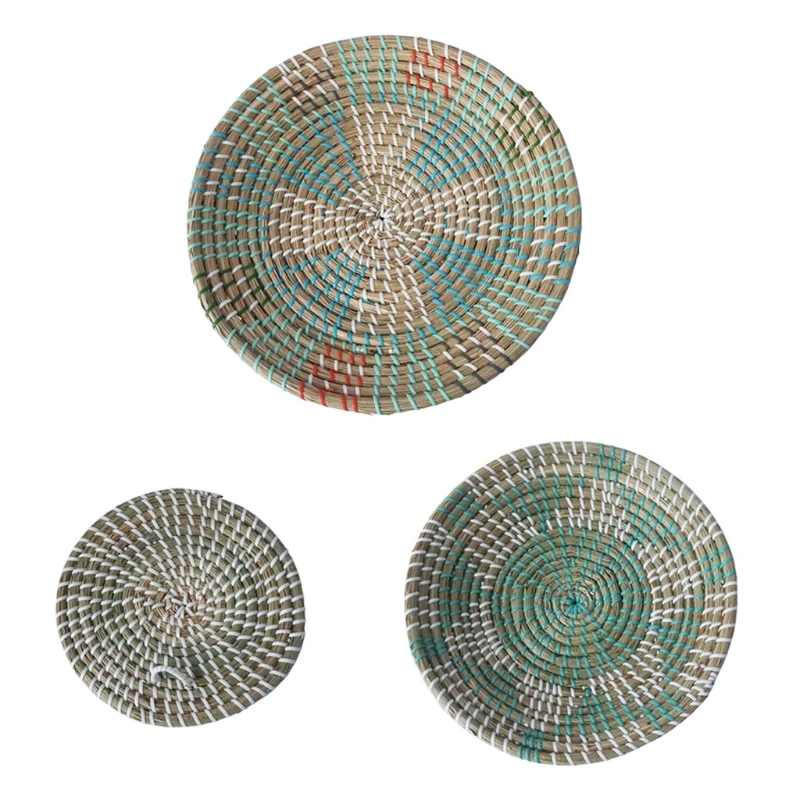 3pc Boho Woven Wall Basket Decor Handmade Seagrass Round Hanging Decorative Tray