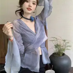 Gradient Tie Dye Irregular Ruffle Edge Ribbon Flared Sleeve Shirt V-neck Twisted Chiffon Shirt Long Sleeved Top Women's Summer