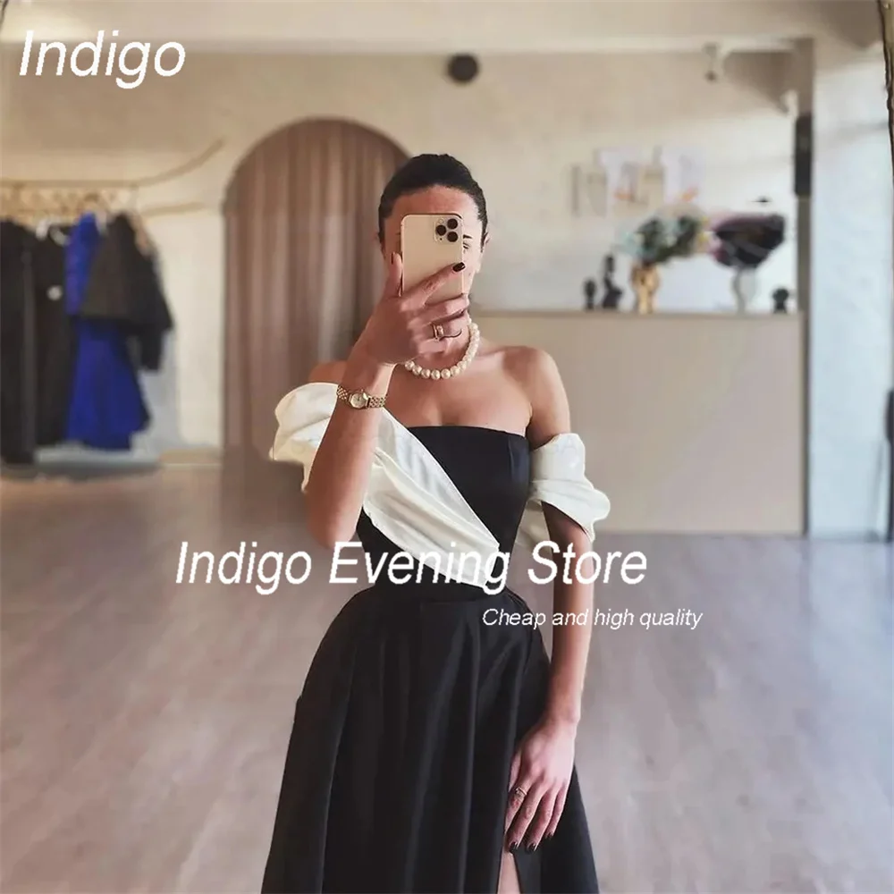 Indigo Elegant Evening Dresses A-Line Off The Shoulder Pleat Side Split Satin Party Prom Gown Formal فساتين السهرة Customized