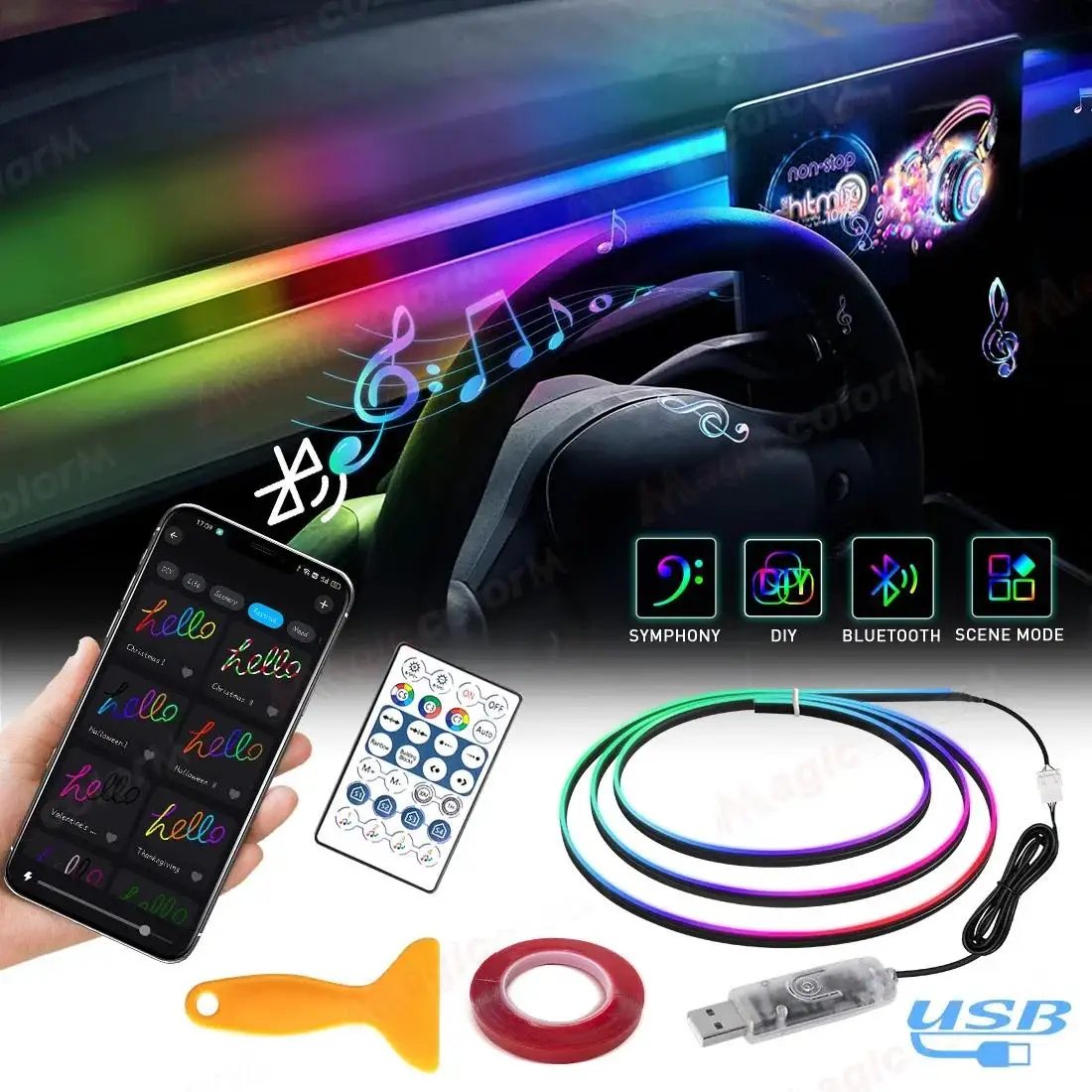 

Vgettiing Car Ambient Lights Universal USB LED Symphony RGB Atmosphere Lamp Acrylic APP Control Remote for Tesla Model 3 Y S X