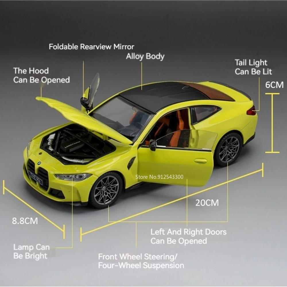 1:23 BMW M4 G82 스포츠카 모델 장난감 금속 바디 고무 타이어 휠 스티어링 충격 흡수 모델 컬렉션 자동차 장식품