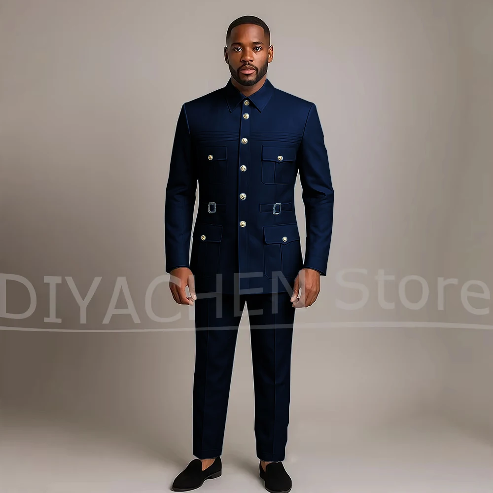 Men Suit 2 Piece Set Multi Pocket Gold Button Single Breasted Wear Slim Fit Formal Blazer Pants For Wedding Party Smart Casual