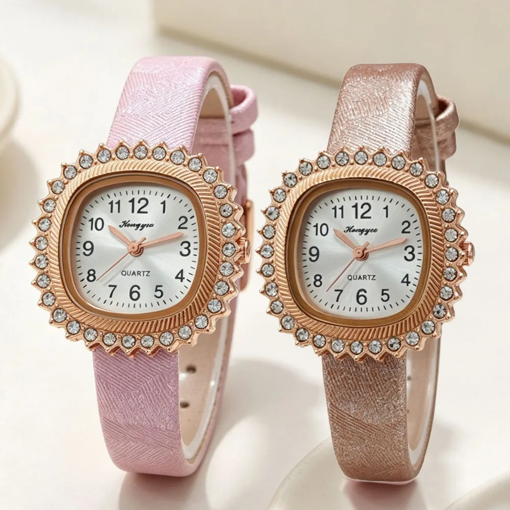 Elegant Rose Gold Square Quartz Watch Crystal Bezel Dial Ladies Watch Fashion Leather Strap Wristwatches Luxury Clock Wholesale