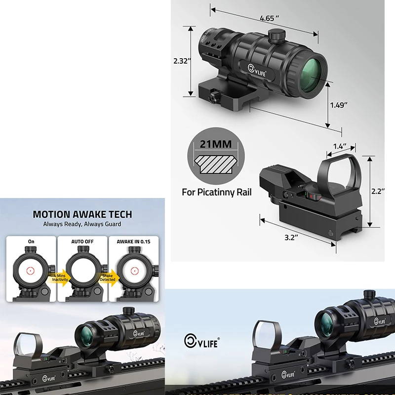 

CVLIFE 1X22X33 Red Dot Sight & 3X Magnifier Combo Open Reflex Optics with Magnifier Absolute Co-Witness Mount for 21MM Picatinny