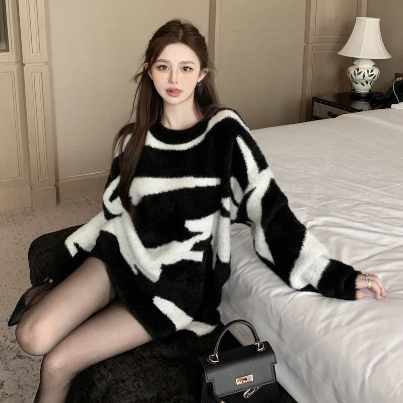 Zebra Pattern Black Knitted Autumn Sweater Women O-Neck Loose Oversized Jumpers Streetwear Luxury Korean Lazy Pullovers