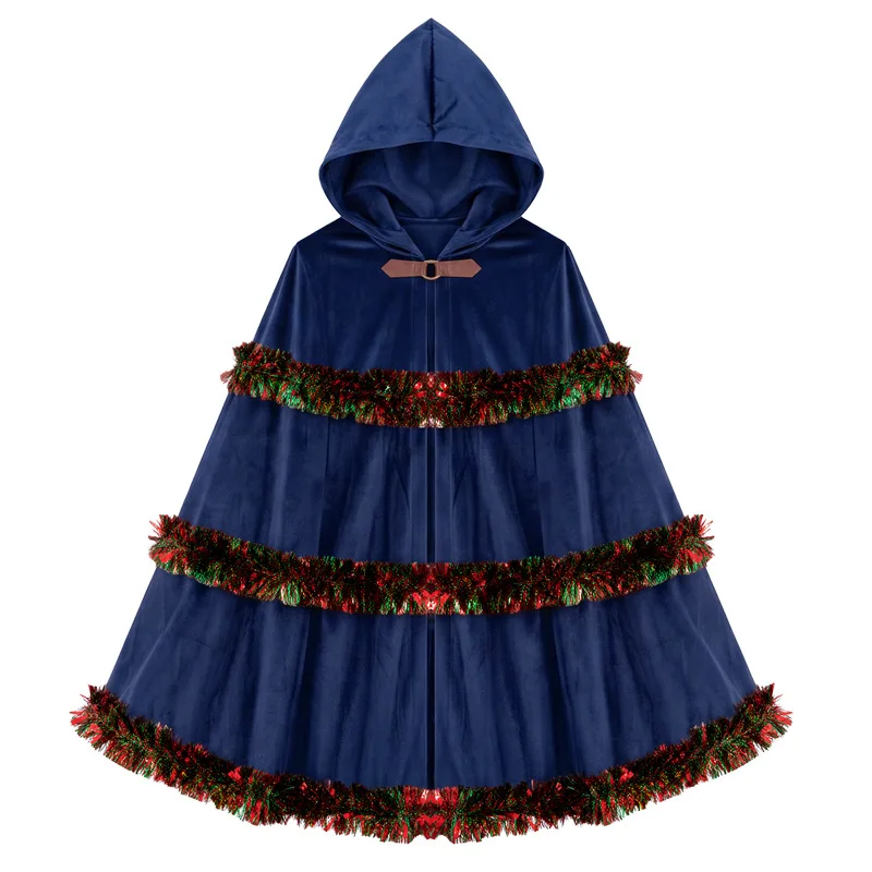 Women Christmas Hooded Velvet Cape Dark Blue Xmas Tinsel Trim Cloak Holiday Party Cosplay Fancy Dress Costume view 2