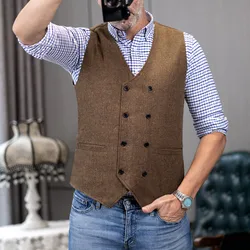Chaleco con cuello en V para hombre, traje de lana de espiga, Tweed, doble botonadura, esmoquin, padrino de boda