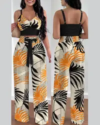 Two Piece Sets Womens Outifits Summer Fashion Printed Suspenders V Neck Sleeveless Crop Top & Casual Wide-Leg Long Pants Set