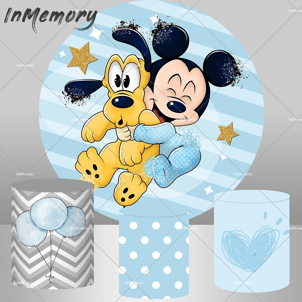 Mickey Mouse Boy Baby Shower Round Backdrop Covers Photo Booth Blue Birthday Party Decor Background Balloon Candy Table Cover