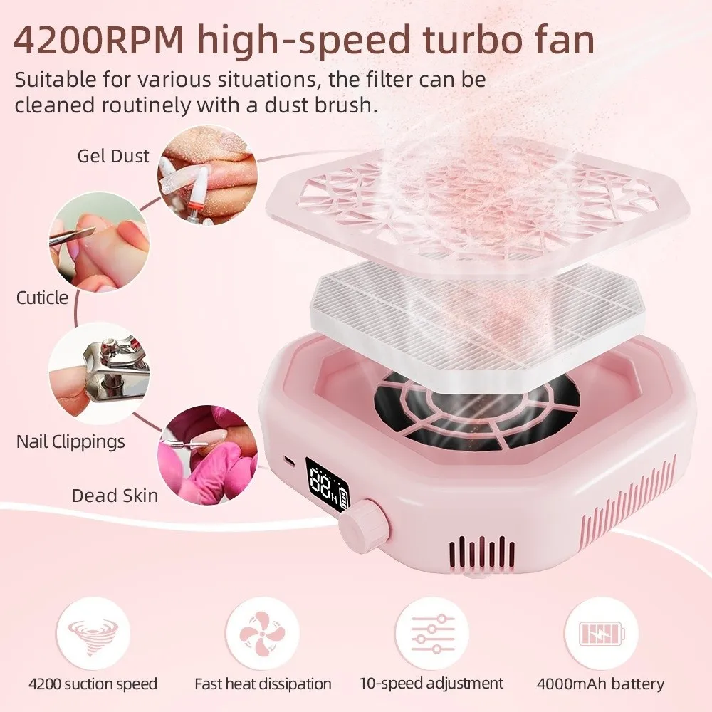 Strong Suction Nail Vacuum Cleaner Reusable Filter Electric Nail Dust Collector 4000mAh Adjustable Speed