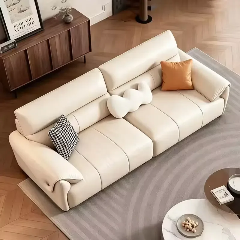 Modern Beige Leather Sofa Tufted Trim Triple Seater Flared Pillow Armrests Luxury Living Room Furniture