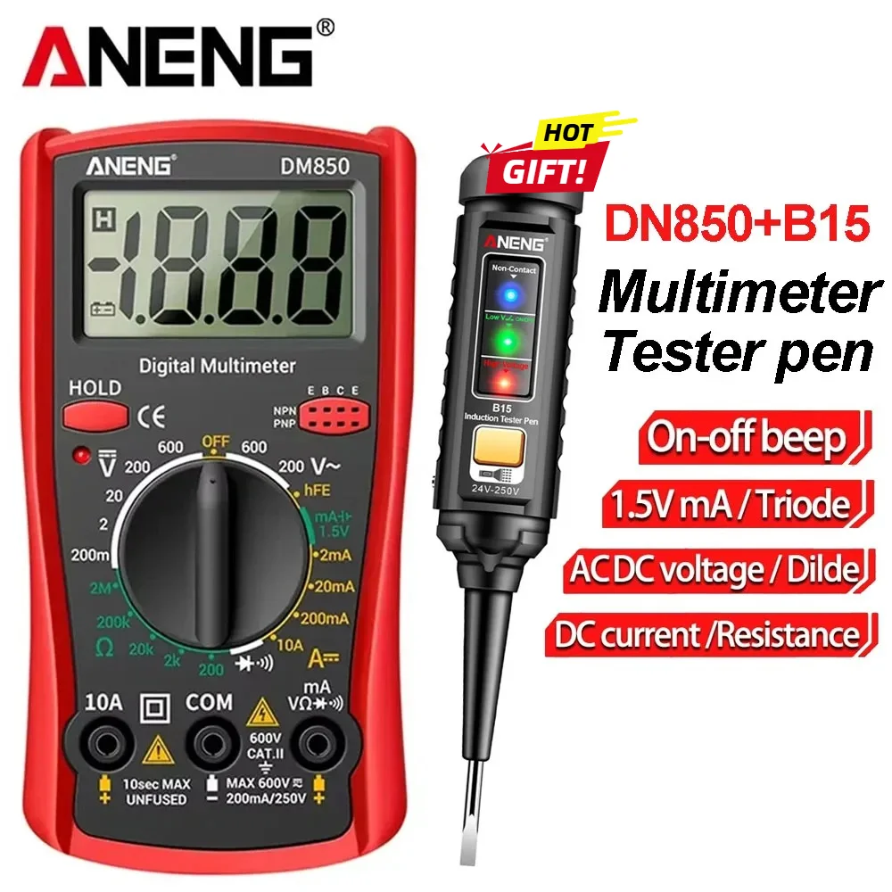 ANENG DM850 Digital Multimeter Handheld AC DC Voltage Current Resistance Continuity Transistor Free Gift B15 Voltage Test  Pen