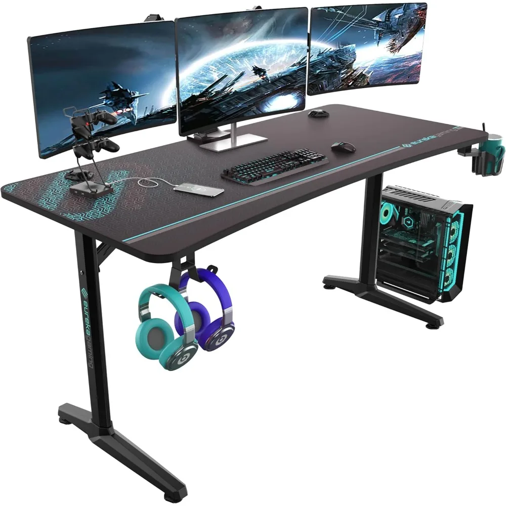 

ERGONOMIC 60 Inch Gaming Desk with Full Mouse Pad, Large Home Office Curved Computer Desk for 3 Monitors with Cup Holder