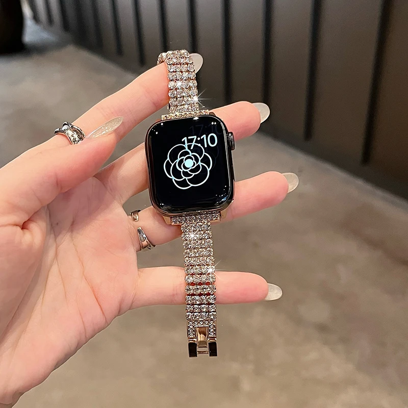 Apple Watch 10 밴드 용 다이아몬드 메탈 스트랩 42mm 41mm 46mm 44/49mm 45mm 40mm 여성 벨트 팔찌 iWatch 시리즈 9 8 7 Se 6 Ultra