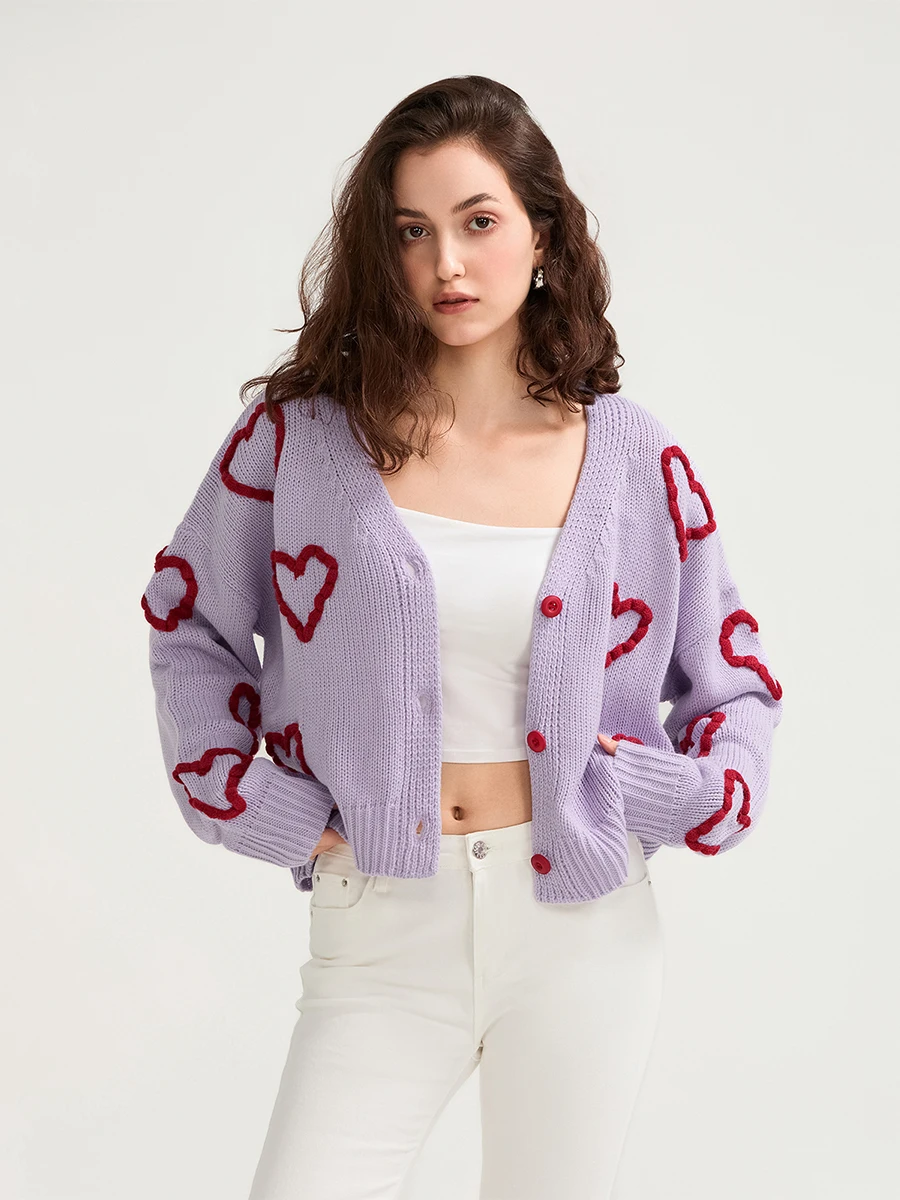 Women Button up Sweaters Casual Heart Crochet Cropped Long Sleeves Knit Cardigans Warm Fall Winter Knitwear for Streetwear