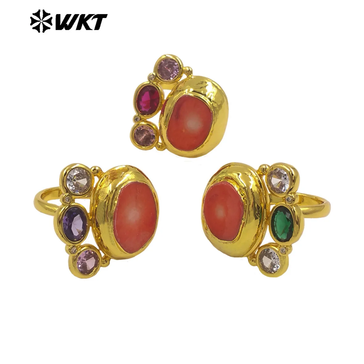

WT-MR041 Natural Red Coral And Three Exquisite Colorful Zircon Paved 18K Gold Plated Big Ring For Friends Holiday Fine Gifts
