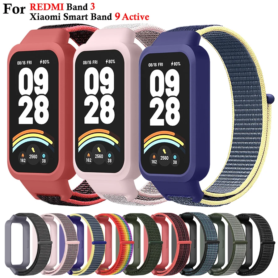 Чехол + нейлоновый ремешок с петлей для Redmi Band 3, дышащий браслет-браслет для Xiaomi Mi Band 9, активный спортивный ремешок для часов, ремешок Correa