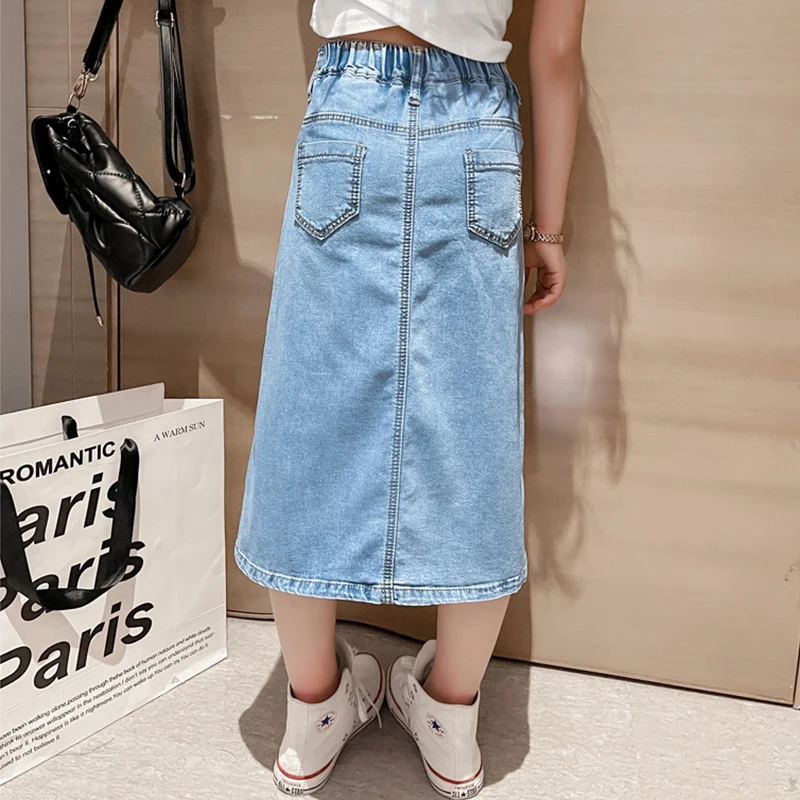 4 6 8 10 12 14 Year Teen Girls Denim A-line Skirt New Fashion Korean Version Split Long Skirt Children Clothing Birthday Present