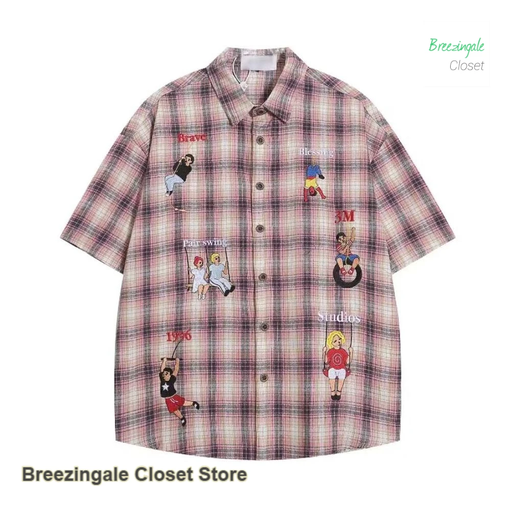 American retro cartoon characters embroidered plaid shirt female summer fashion loose Joker casual cartoon couple short sleeves.
