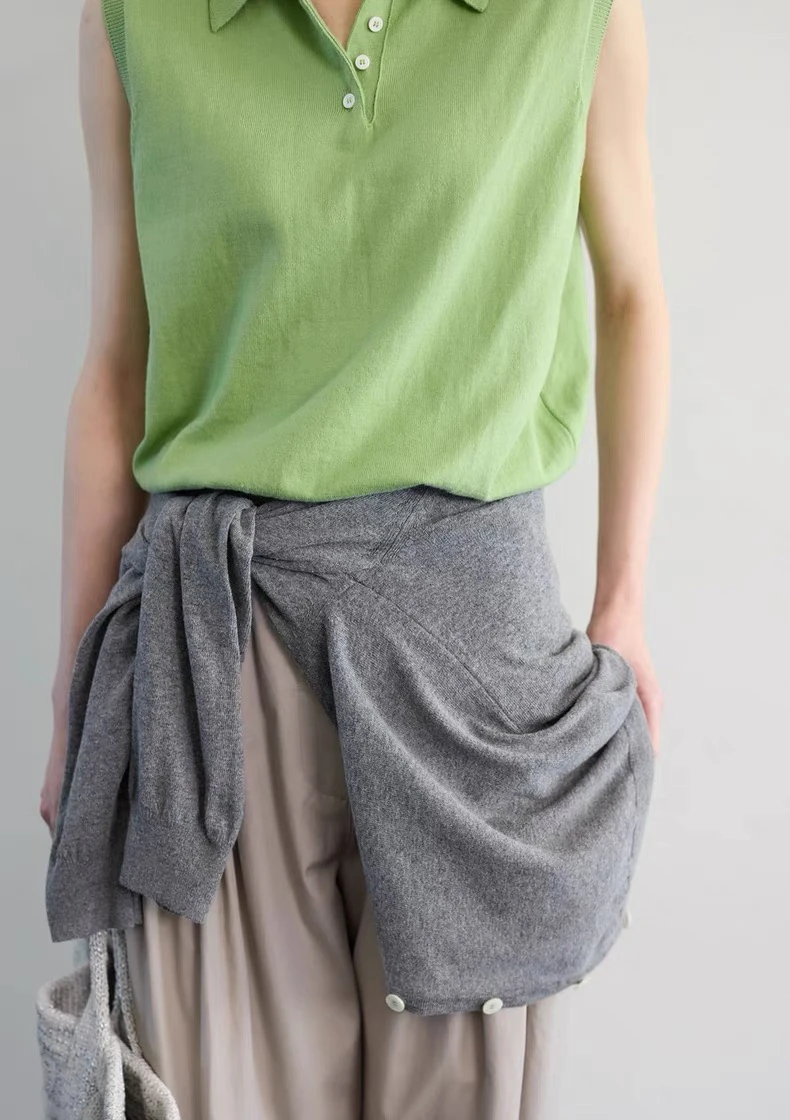 

Вязаный жилет для поездок на работу с воротником-стойкой MoonDal, хлопок или длина, полосатый узор, женская мода, лето 2025 г.