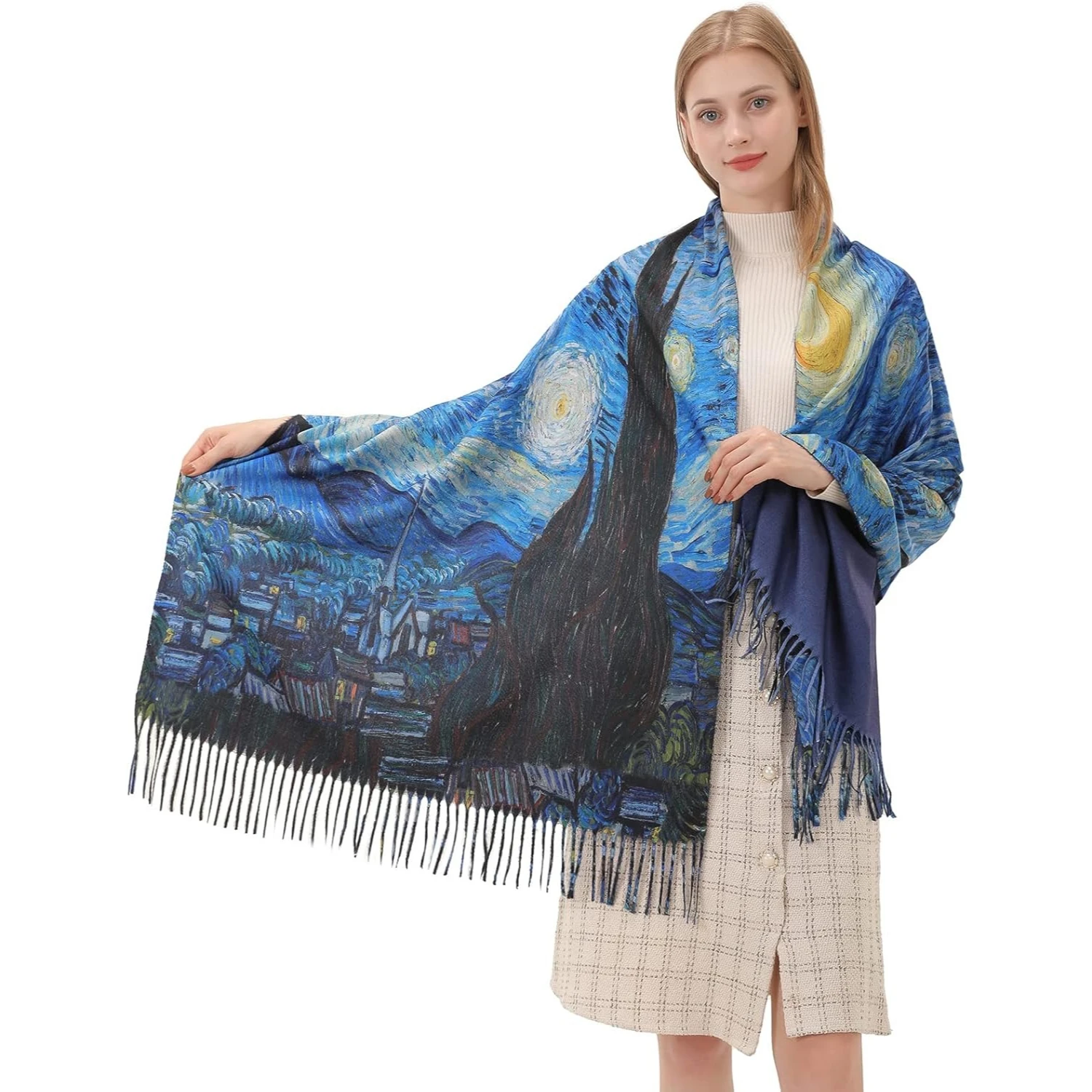 

Звездное небо, винтажный шарф с картиной маслом, шаль, накидки для женщин, мягкий кашемировый шарф из пашмины, большое одеяло с принтом, теплый шарф