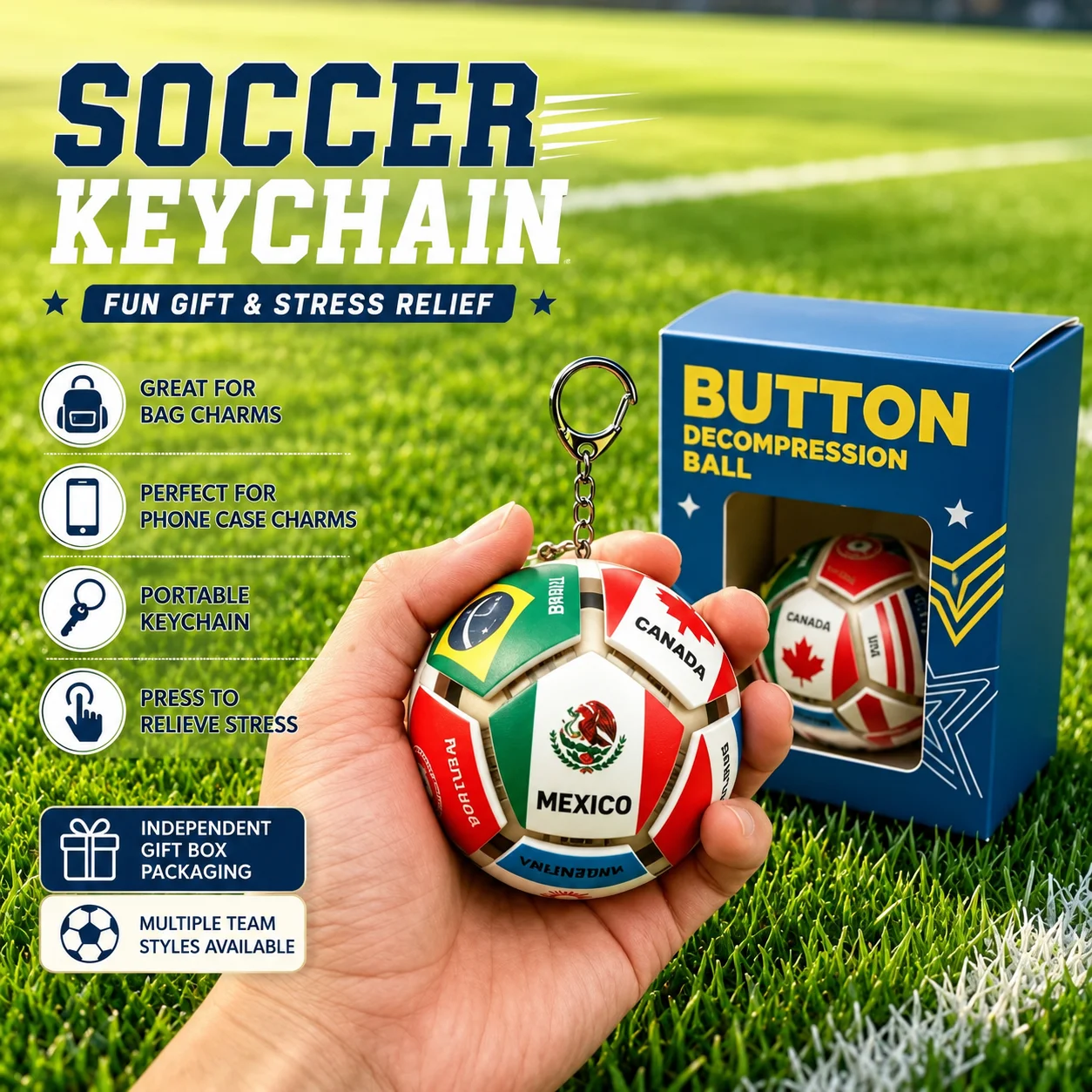 Soccer Ball Keychain Stress Relief Squeeze Toy Sports Bag Charm Phone Case Pendant Mini Ball Gift Box