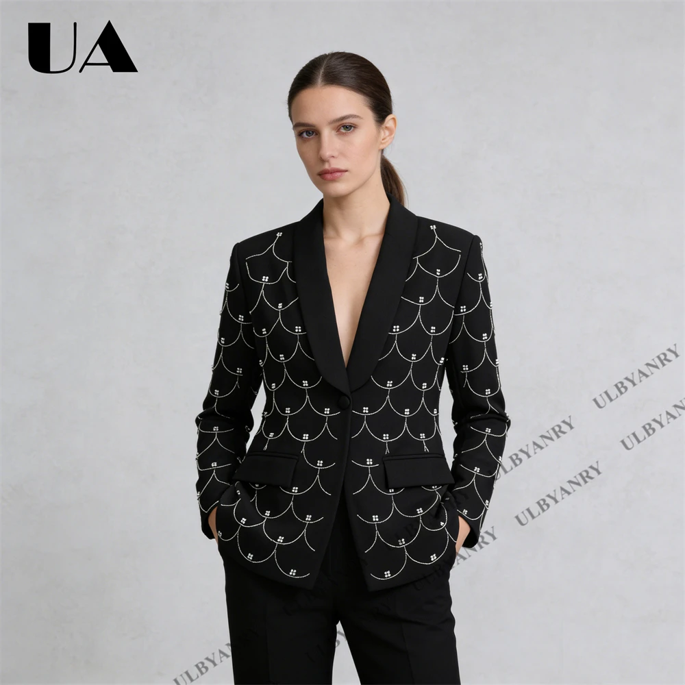 Women's Black Blazer with Silver Fish Scale Sequins, Slim Fit One Button Casual Business Jacket for Party Evening Prom