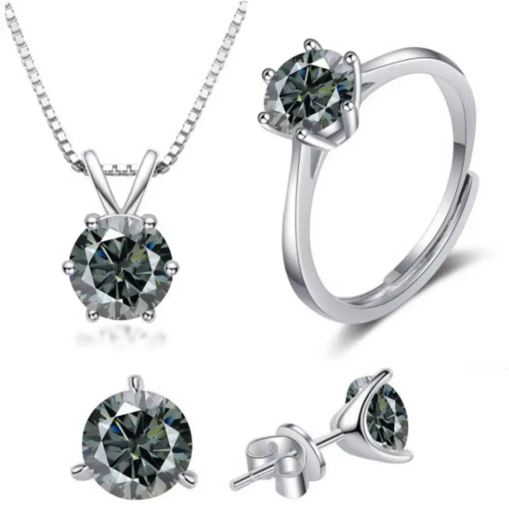 

925 Sterling Silver 1CT Six Prong Moissanite Jewelry Set Ring Necklace Earrings D VVS1 Multi Tone Wedding Fine Jewelry For Women