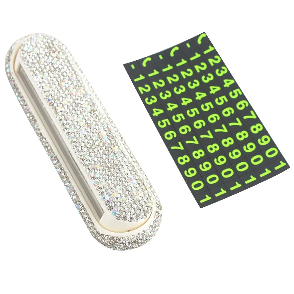 Card Ornament with Bling Bling Crystals Phone Number Hiding Decoration for Women White Car Temporary Parking Phone Number