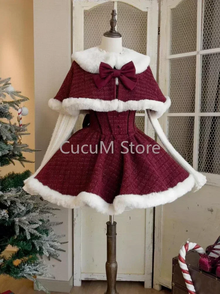 Christmas Red Vintage Suits Women Casual Cloak Coast + Sleeveless Mini Dress Faux Fur 3 Piece Dress Sets Evening Party Outfits