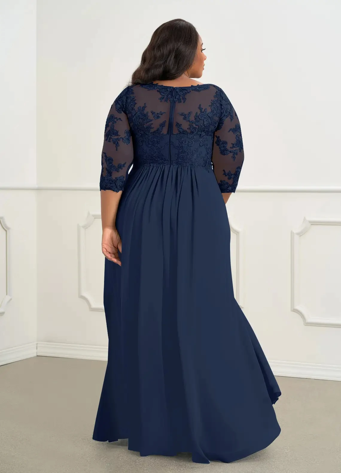 Lorencia-vestido azul marino para madre de la novia, traje elegante de gasa de manga larga, Apliques de encaje, vestidos de fiesta de boda, cinturón de cristales, YMD22