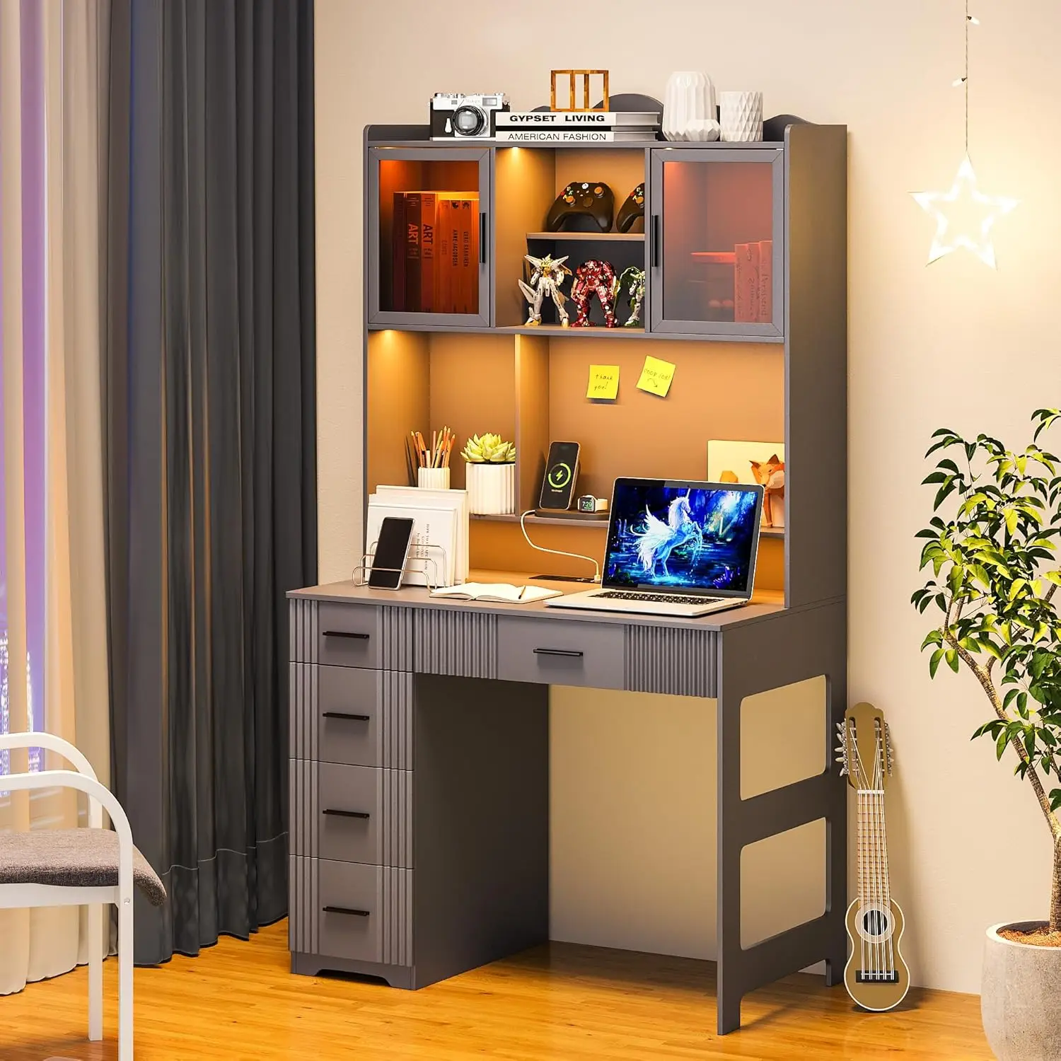 

Led Study Desk With Hutch And Drawer, Home Office Desk With Outlet, Computer Desk With Usb Charging Station, Writing Desk For