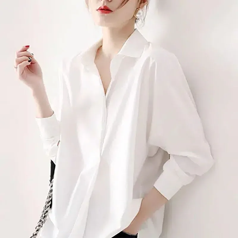 Blusa de manga larga holgada para mujer, camisa coreana con botones y cuello de solapa, ropa que combina con todo, color blanco y negro, Primavera,