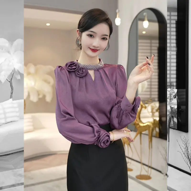 Zdjęcie 4: 2024 Wczesna jesień Nowy top Wczesna jesień noszenie eleganckiej fioletowej lekkiej luksusowej damskiej koszuli z długim rękawem
