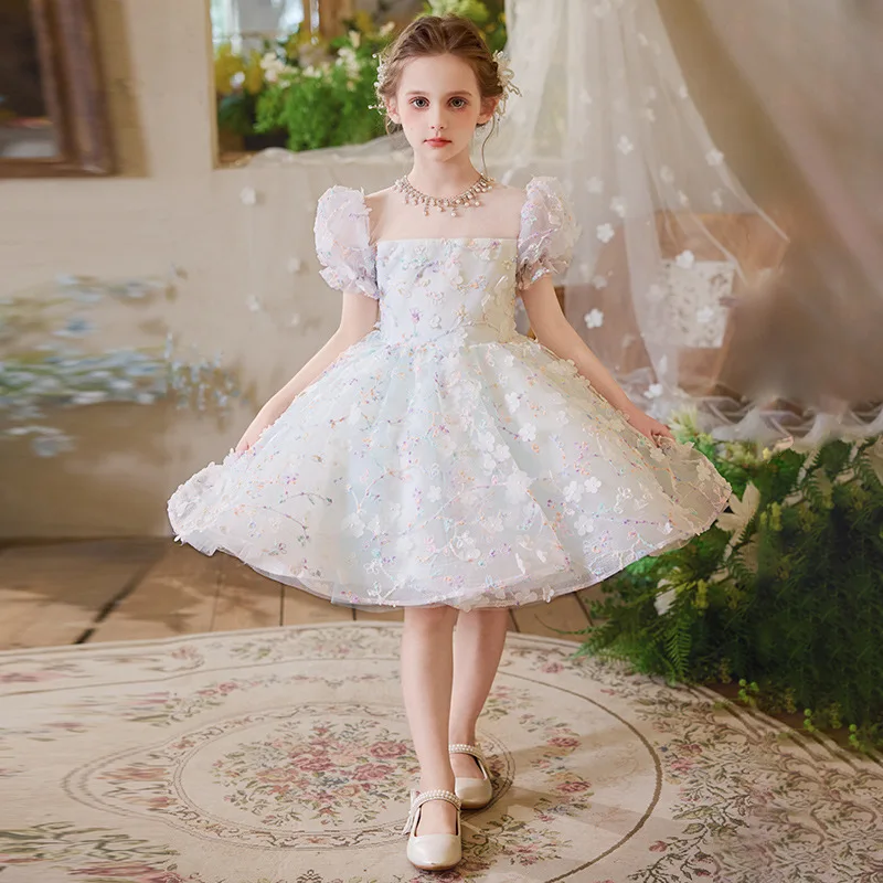 

Детское элегантное бальное платье принцессы для выступлений на фортепиано, милое платье с цветочным принтом и бисером для девочек, свадебное платье на день рождения g363