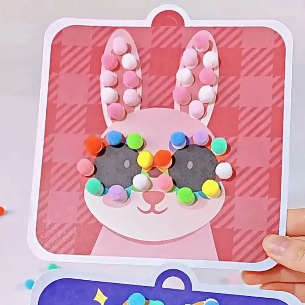 

Handmade Material Children's Sticker Book Educational Hairball Animal Pompom Art Kit Montessori Cartoon Pompom Crafts Toy