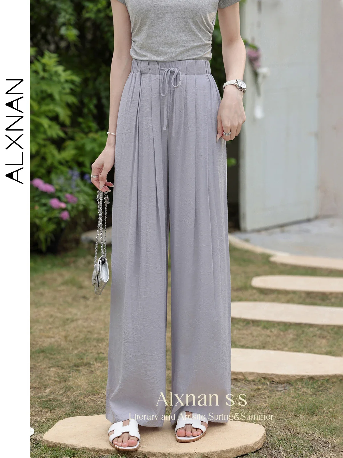 

ALXNAN Summer Baggy Pant for Women 2024 New Purple Straight Loose Pants Wide Leg Comfort Casual Trousers Sold Separately L37813