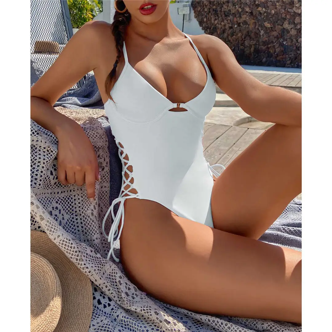 Sexy, mit Schnürung versehener, einteiliger Badeanzug mit Bügel, Damen-Bademode, rückenfreier Monokini-Badeanzug, Badeanzug für Damen, Modell V2906. – Detail 19