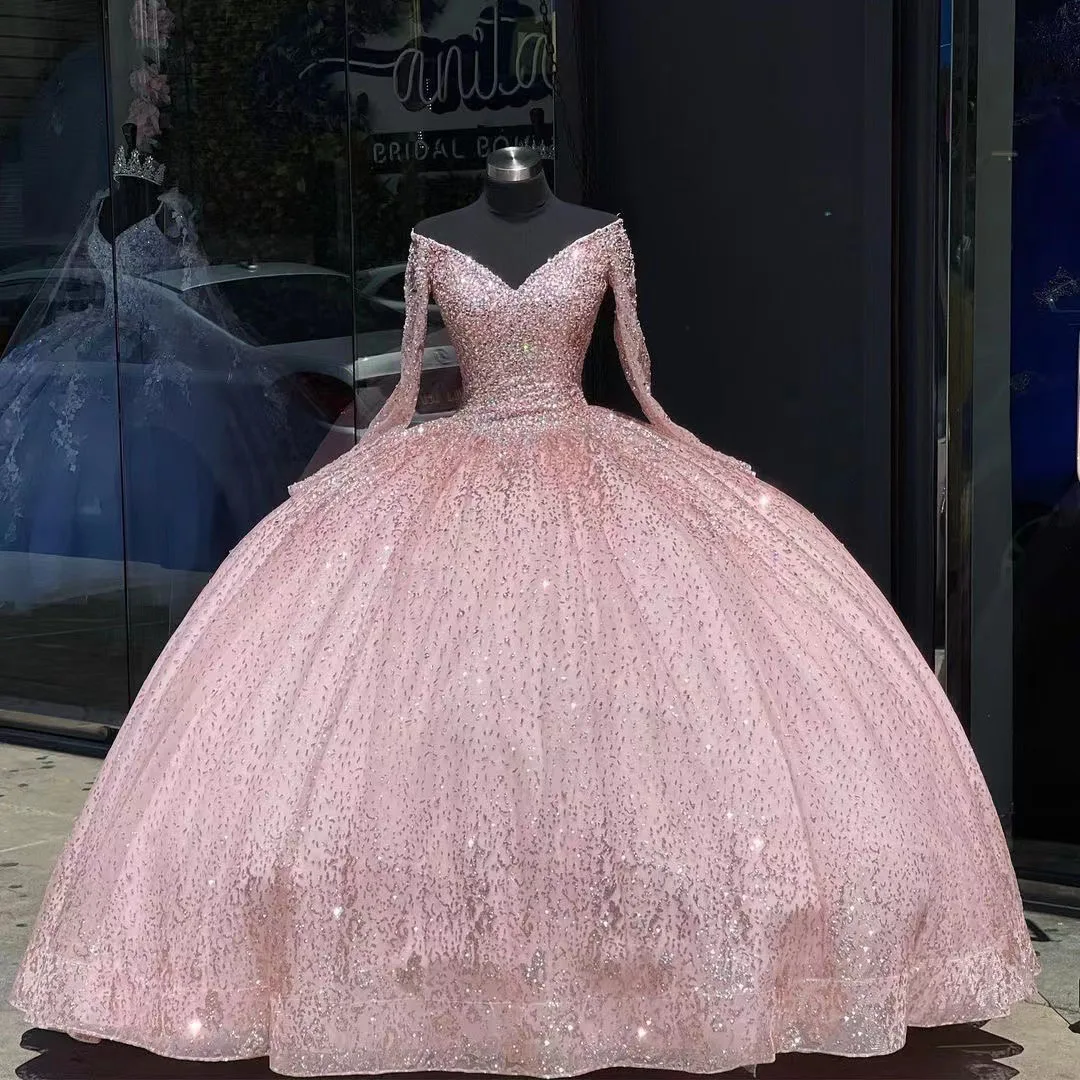 Vestido de quinceañera de lujo rosa brillante para niña, vestido de Baile de Princesa de cumpleaños de manga larga con cuentas de lentejuelas, 15 vestidos, 2022