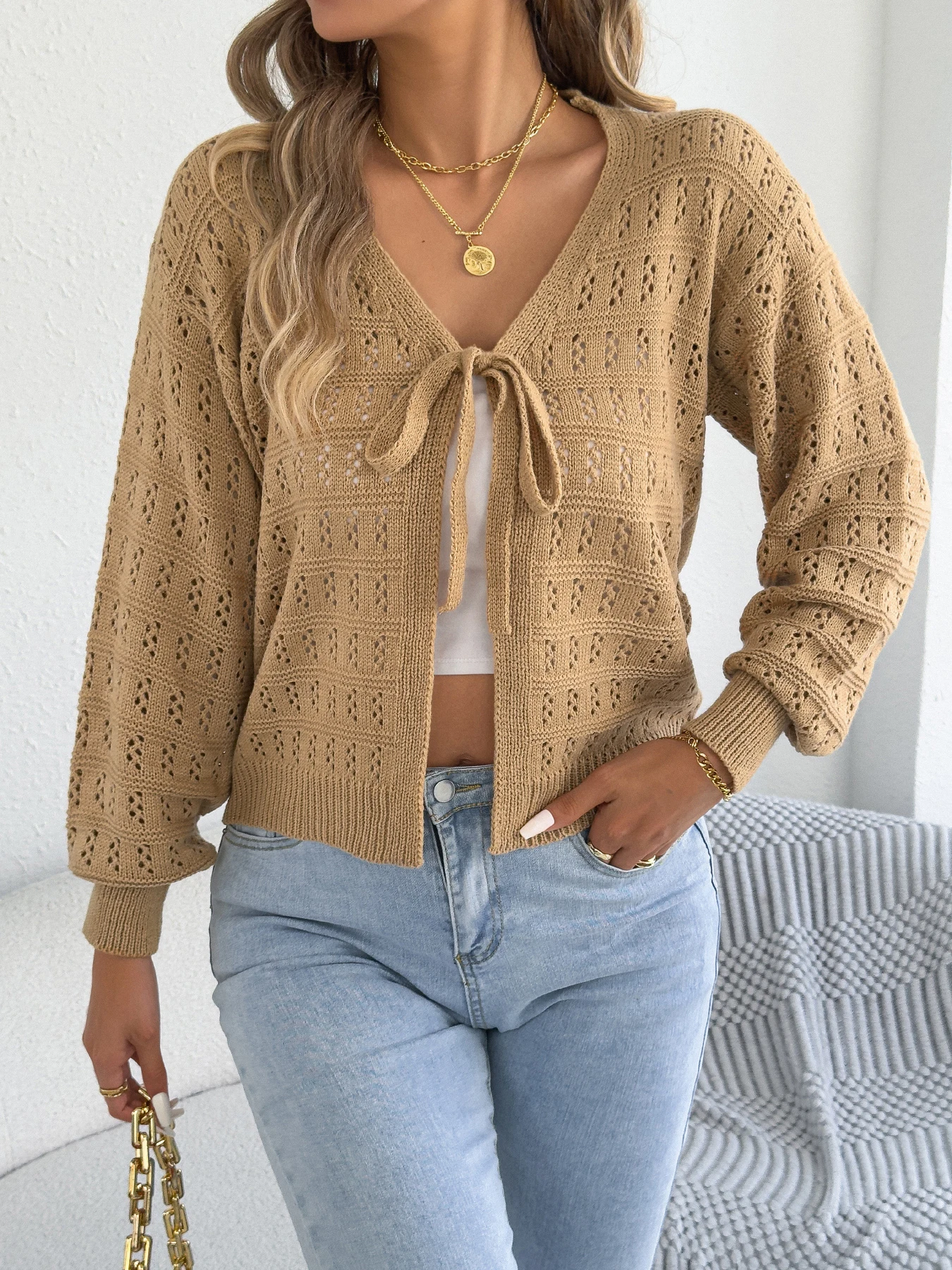 

2025 Women's Autumn Solid Color Lace Up Cardigan Sweaters Hollow Out Lantern Long Sleeve Knitwear Casual Streetwear Clothing