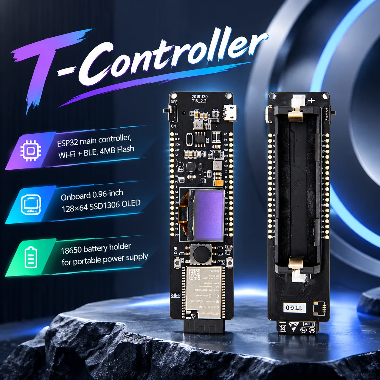 LILYGO T-Controller ESP32 Board 4MB Flash WiFi BLE 0.96in SSD1306 OLED 128×64 18650 Battery Socket & 5-Way Joystick