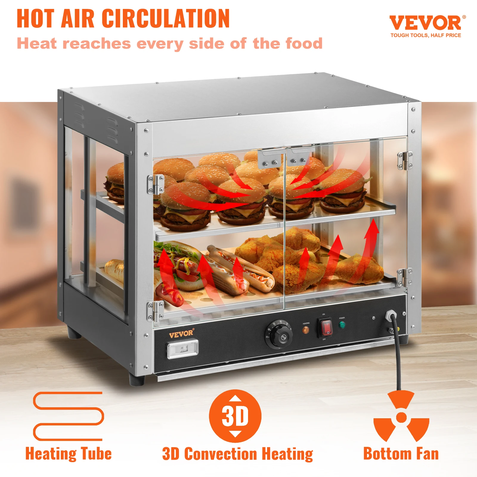 VEVOR Commercial Food Warmer Display,2 Tiers,800W Pizza Warmer w/3D Heating 3-Color Lighting Bottom Fan,Countertop Pastry Warmer