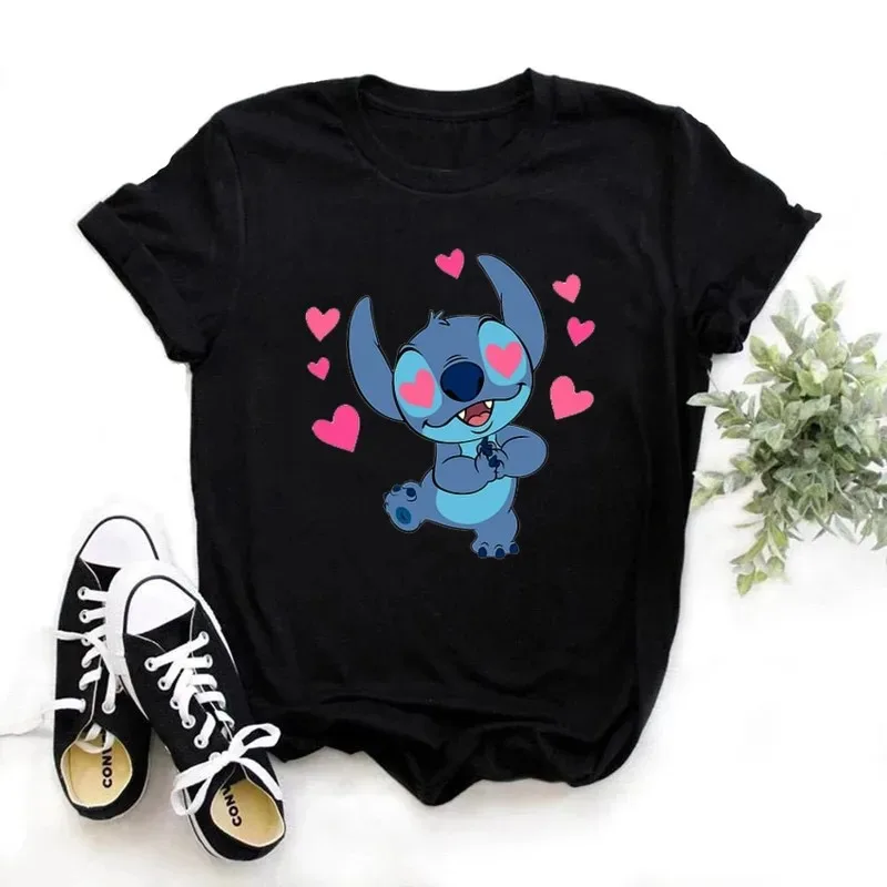 Disney Lilo Stitch Cartoon T-shirt Home Matching Lady S-4XL Summer Women's T-shirt Black Round Neck Ohana Stitch Hot T-shirt