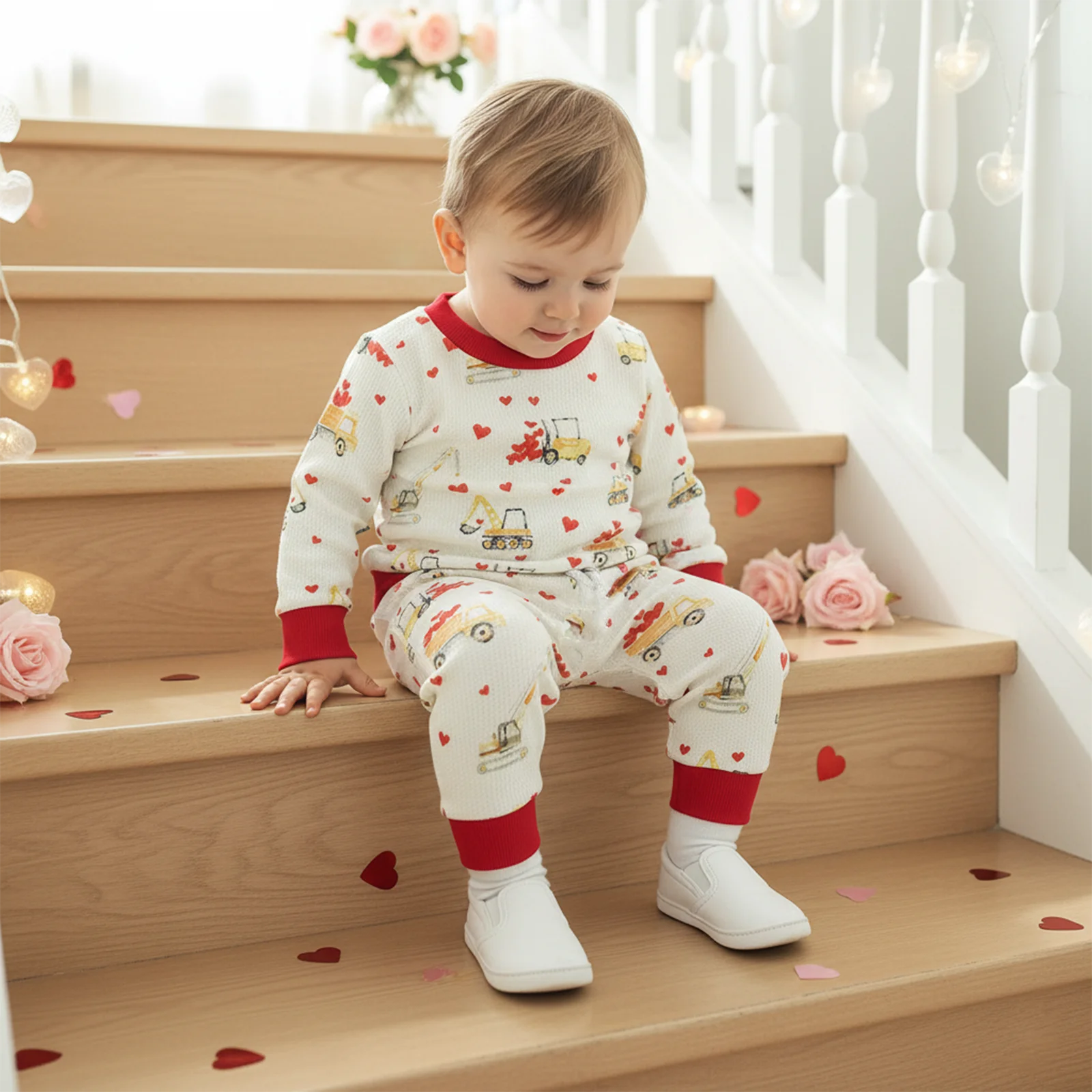 Baby Boy Valentine’s Day Outfits Long Sleeve Construction Truck Print Sweatshirt Tops Pants Set Toddler Baby Sweet Clothes