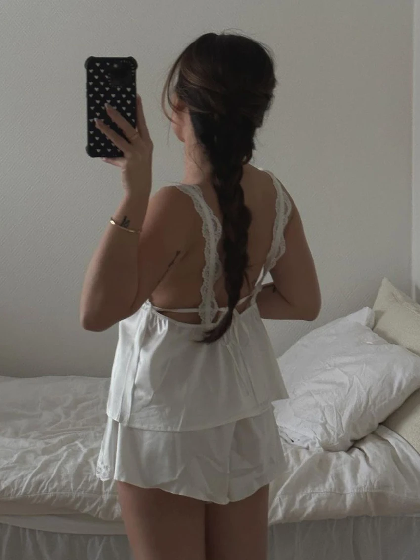 Marthaqiqi Lace Home Clothes Women Sexy V-Neck Sleepwear Tank Tops Nightgown Backless Nightie Shorts Causal Ladies Nightwear Set