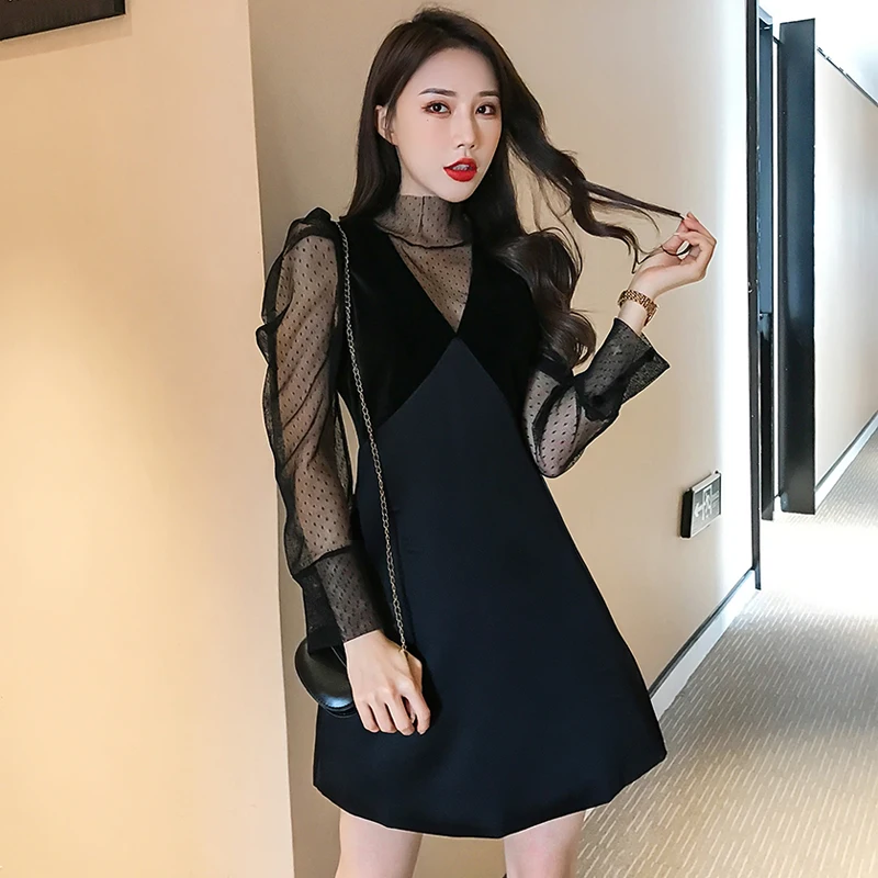 Women's Vintage Elegant Mesh Patchwork Velvet Dresses Ladies Fashion Slim Temperament Black Long Sleeve Dress Vestidos