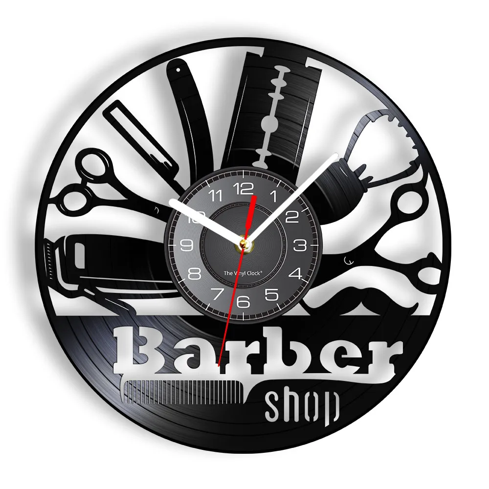 Barber Shop Equipments Hairstylist Vinyl Record Wall Clock Beauty Salon Laser Cut Album Music Record Wall Clock Hairdresser Gift