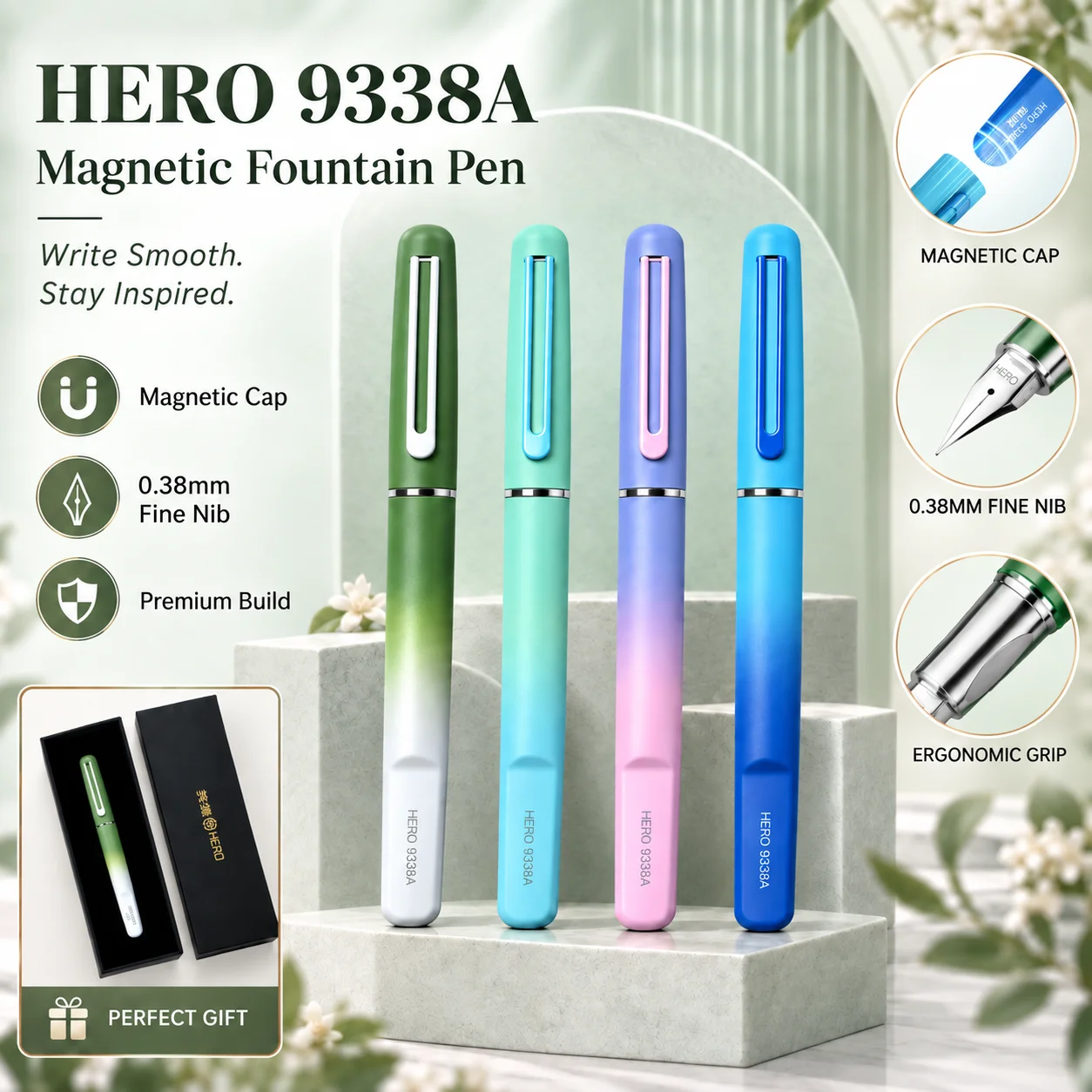Hero 0.38mm Extra Fine Fountain Pen Airplane Nib Gradient Magnetic Cap Calligraphy Pen for Students Beginners Gift Box