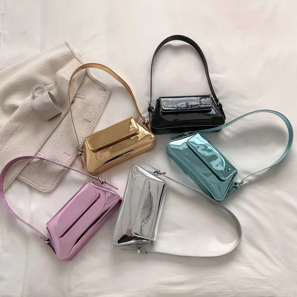 PU Leather Evening Hand Bag Bright for Fashion Women Underarm Bag Casual Portable Exquisite Solid Color Female Satchel