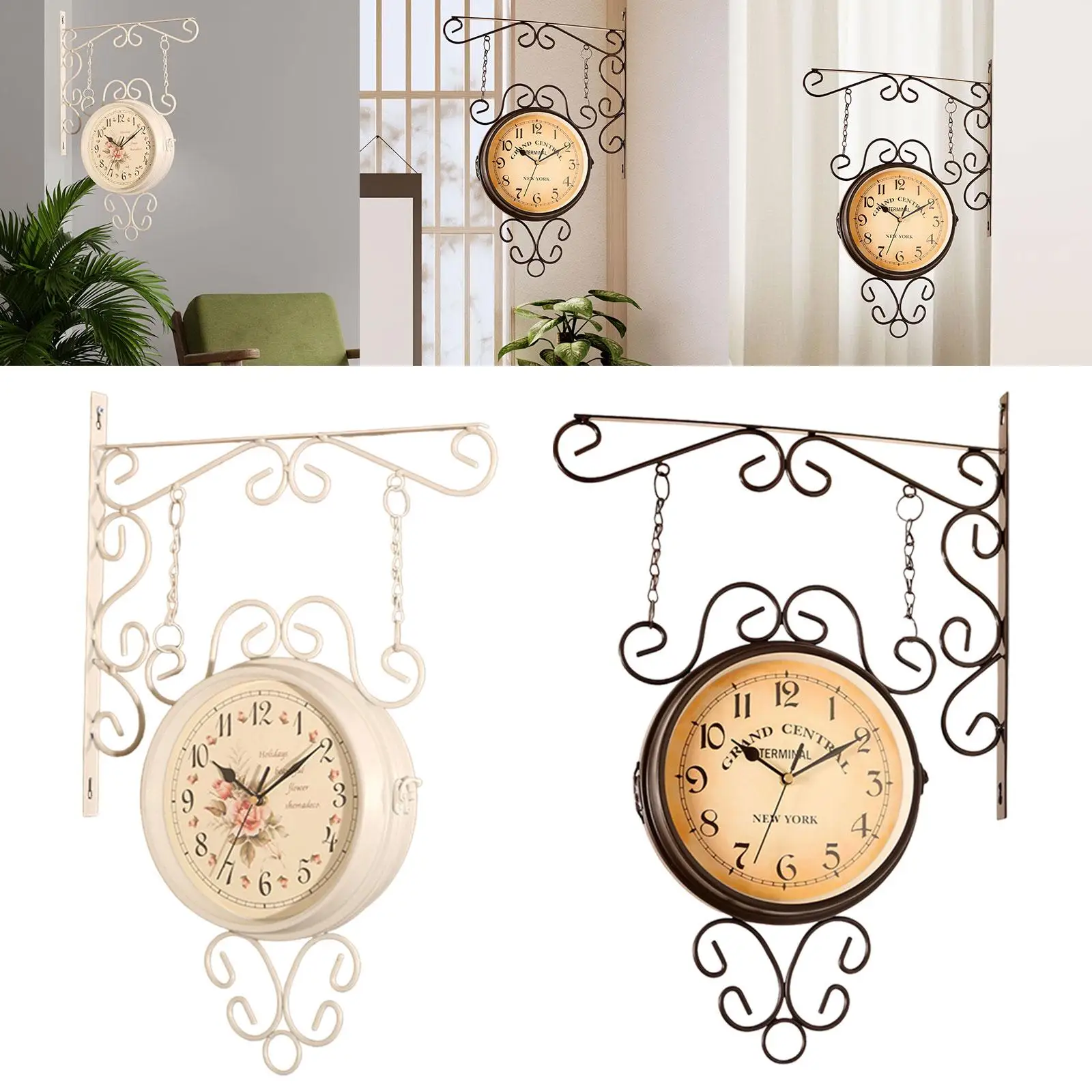 Double Side Wall Mounted Clock Silent Sweep 360 Degree Rotate Home Decor Antique Design for Balcony Porch Bedroom Patio Home